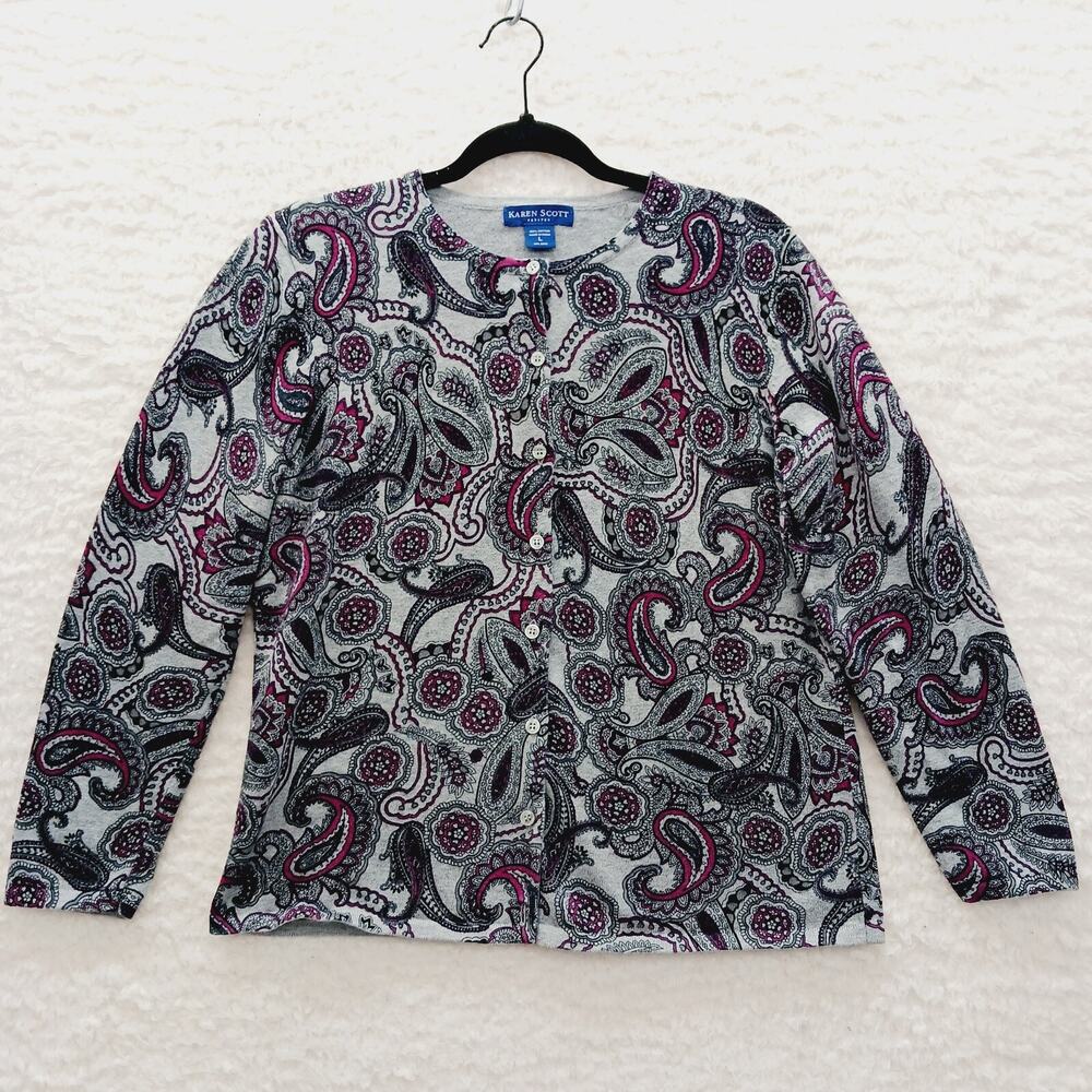 Sweater Cardigan Paisley Pink Gray Boho Indie VTG Cottagecore Coquette Size LP